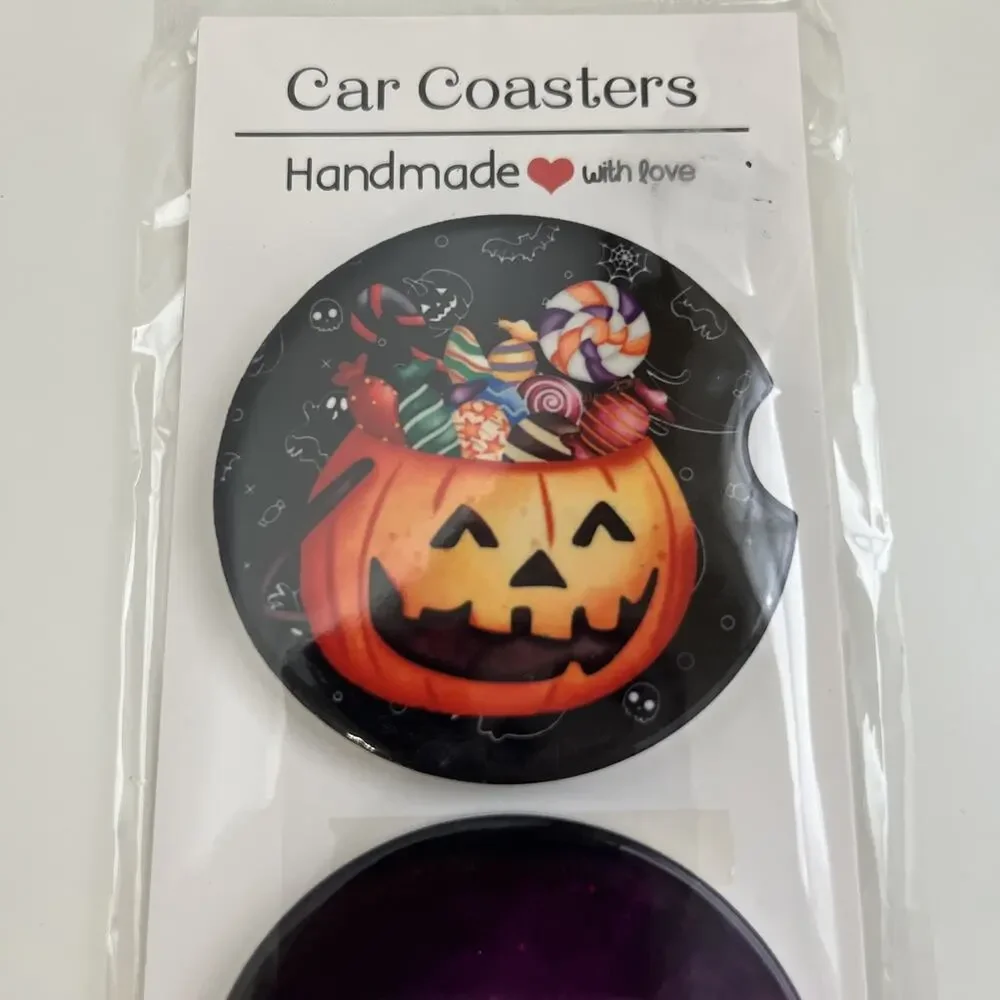 Custom Heat Printed Car Coasters Halloween Fall Designs Set Of 2